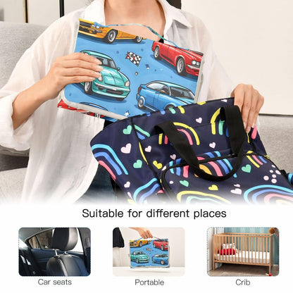 Cartoon Racing Cars Portable Diaper Changing Pad, Waterproof Baby Changing Mat with Storage Pocket & Built-in Pillow, Foldable Travel Pad, Newborn Gift Set for Boy Girl