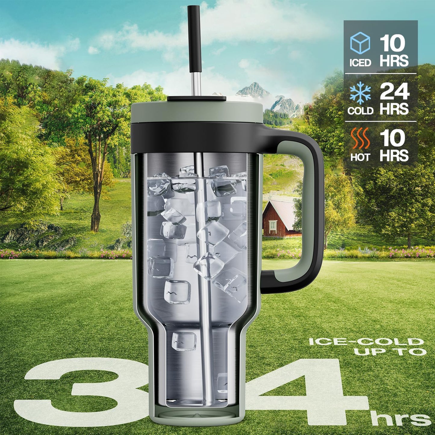 40 oz Tumbler with Handle, 2-in-1 Straw and Sip Lid, Leakproof, Dishwasher Safe, Insulated Stainless Steel Travel Coffee Mug, Keeps Cold for 34 Hours, Fits in Car Cup Holder (Deepsea)