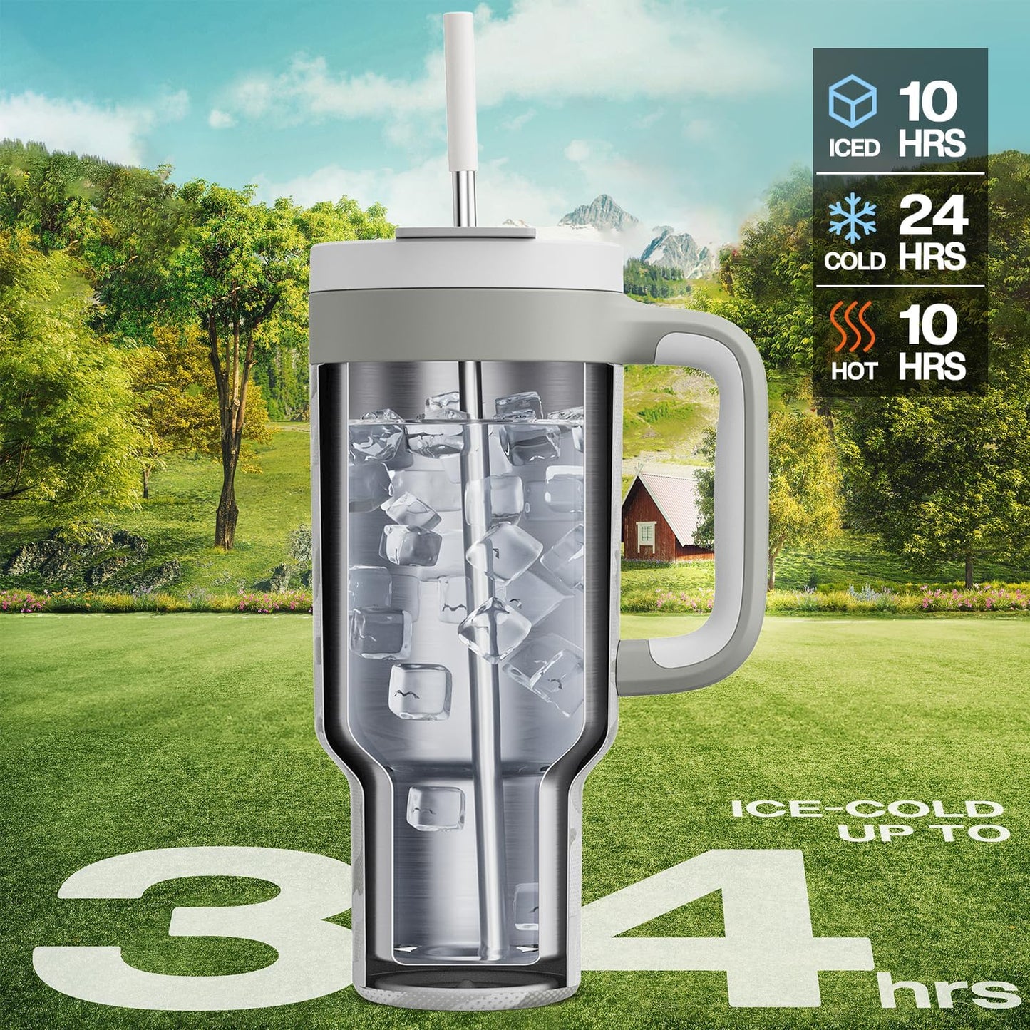 40 oz Tumbler with Handle, 2-in-1 Straw and Sip Lid, Leakproof, Dishwasher Safe, Insulated Stainless Steel Travel Coffee Mug, Keeps Cold for 34 Hours, Fits in Car Cup Holder (Deepsea)