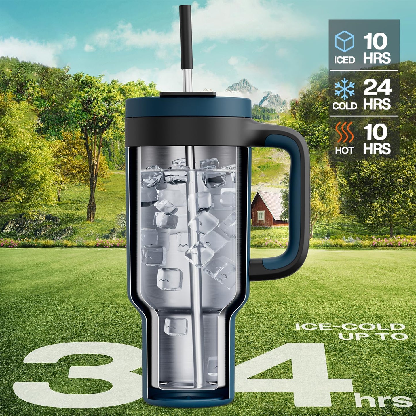 40 oz Tumbler with Handle, 2-in-1 Straw and Sip Lid, Leakproof, Dishwasher Safe, Insulated Stainless Steel Travel Coffee Mug, Keeps Cold for 34 Hours, Fits in Car Cup Holder (Deepsea)