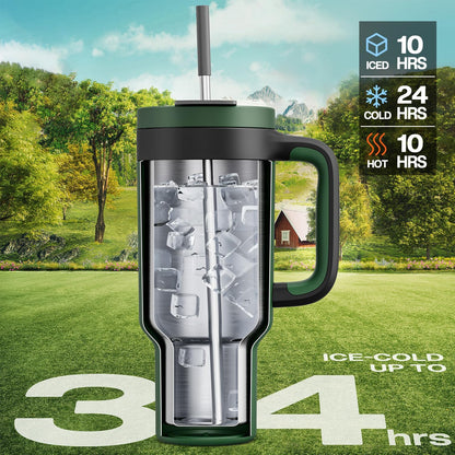 40 oz Tumbler with Handle, 2-in-1 Straw and Sip Lid, Leakproof, Dishwasher Safe, Insulated Stainless Steel Travel Coffee Mug, Keeps Cold for 34 Hours, Fits in Car Cup Holder (Deepsea)