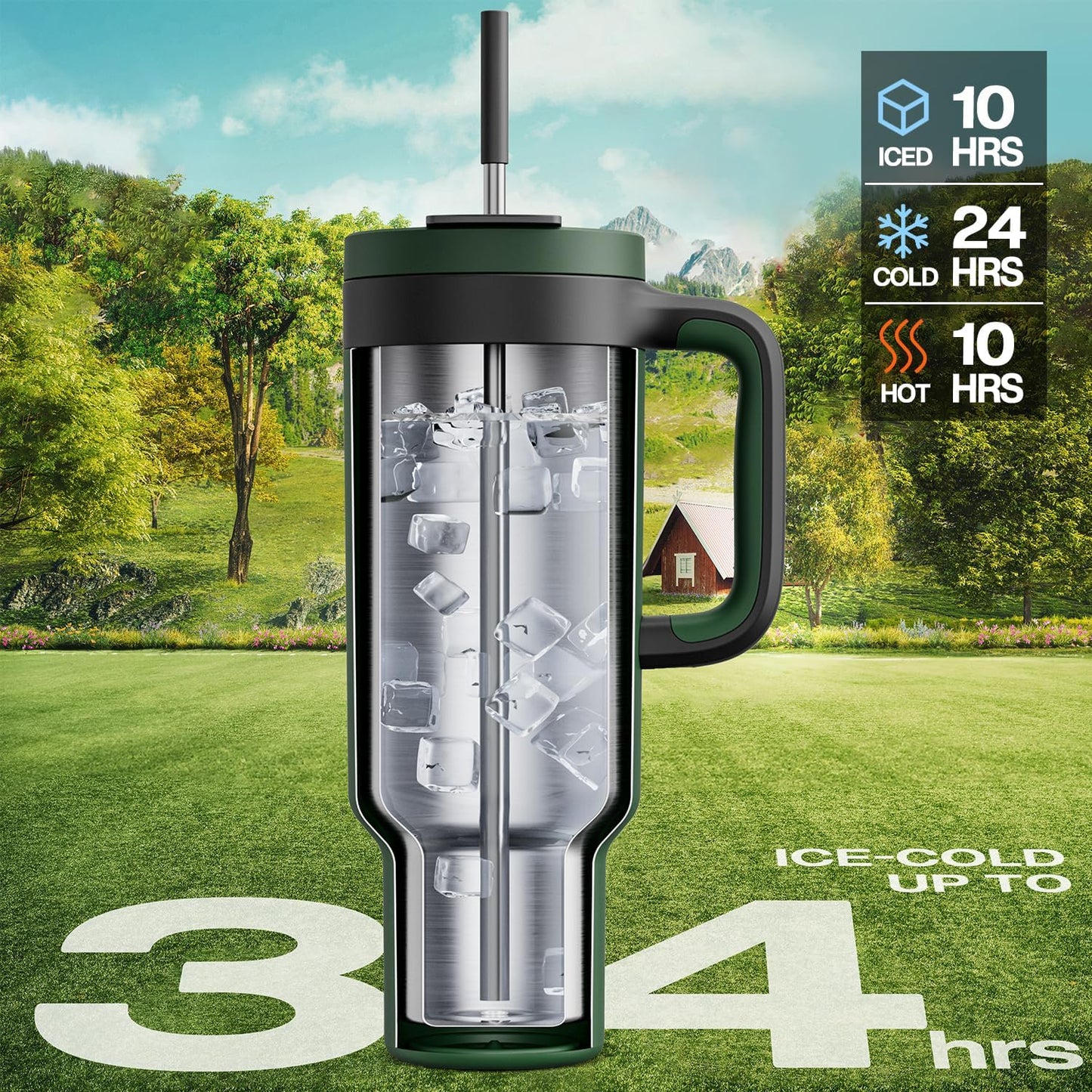40 oz Tumbler with Handle, 2-in-1 Straw and Sip Lid, Leakproof, Dishwasher Safe, Insulated Stainless Steel Travel Coffee Mug, Keeps Cold for 34 Hours, Fits in Car Cup Holder (Deepsea)