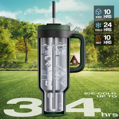 40 oz Tumbler with Handle, 2-in-1 Straw and Sip Lid, Leakproof, Dishwasher Safe, Insulated Stainless Steel Travel Coffee Mug, Keeps Cold for 34 Hours, Fits in Car Cup Holder (Deepsea)