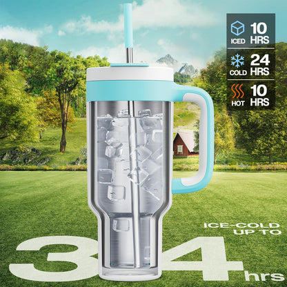 40 oz Tumbler with Handle, 2-in-1 Straw and Sip Lid, Leakproof, Dishwasher Safe, Insulated Stainless Steel Travel Coffee Mug, Keeps Cold for 34 Hours, Fits in Car Cup Holder (Deepsea)