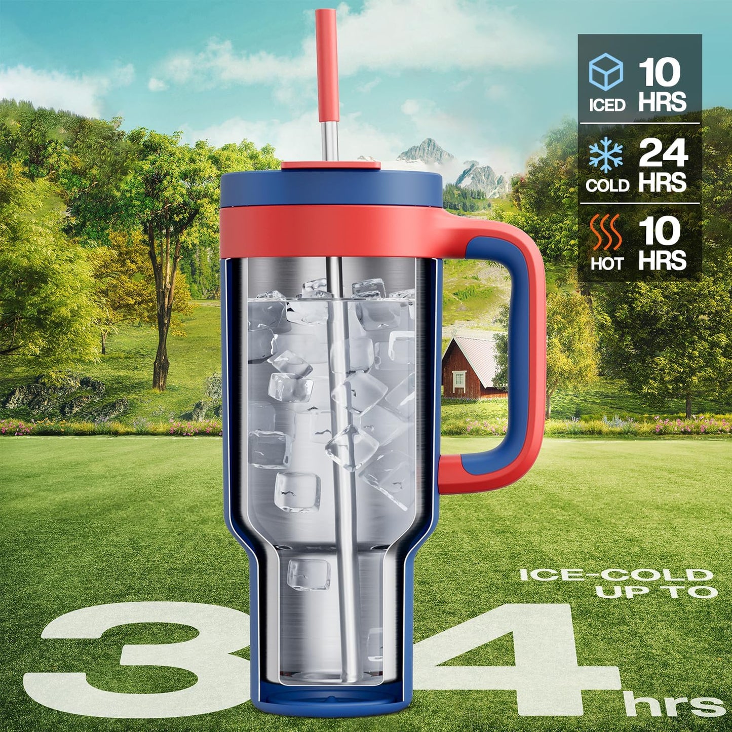 40 oz Tumbler with Handle, 2-in-1 Straw and Sip Lid, Leakproof, Dishwasher Safe, Insulated Stainless Steel Travel Coffee Mug, Keeps Cold for 34 Hours, Fits in Car Cup Holder (Deepsea)