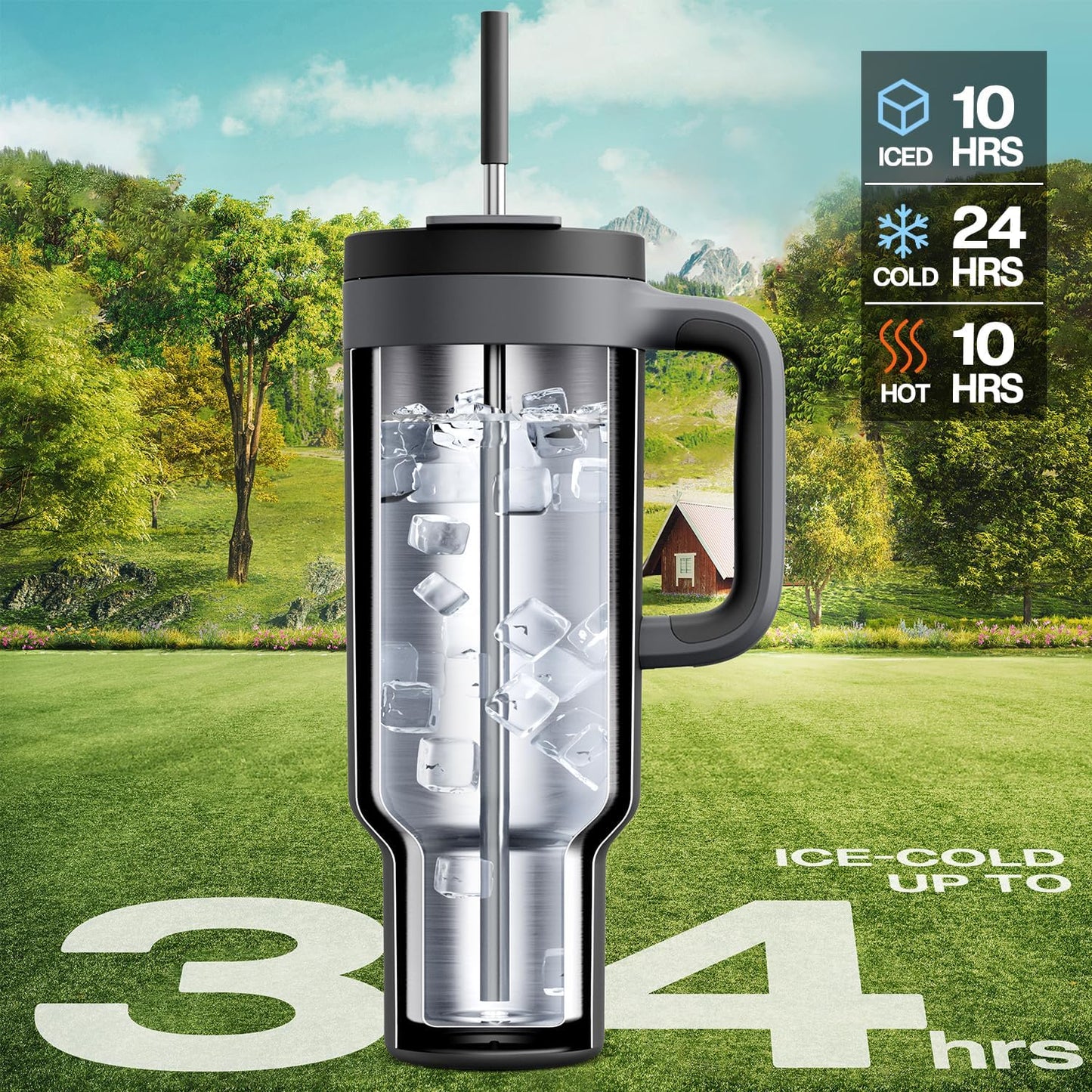 40 oz Tumbler with Handle, 2-in-1 Straw and Sip Lid, Leakproof, Dishwasher Safe, Insulated Stainless Steel Travel Coffee Mug, Keeps Cold for 34 Hours, Fits in Car Cup Holder (Deepsea)