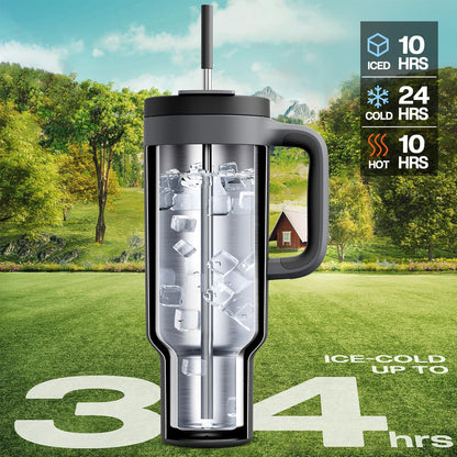 40 oz Tumbler with Handle, 2-in-1 Straw and Sip Lid, Leakproof, Dishwasher Safe, Insulated Stainless Steel Travel Coffee Mug, Keeps Cold for 34 Hours, Fits in Car Cup Holder (Deepsea)