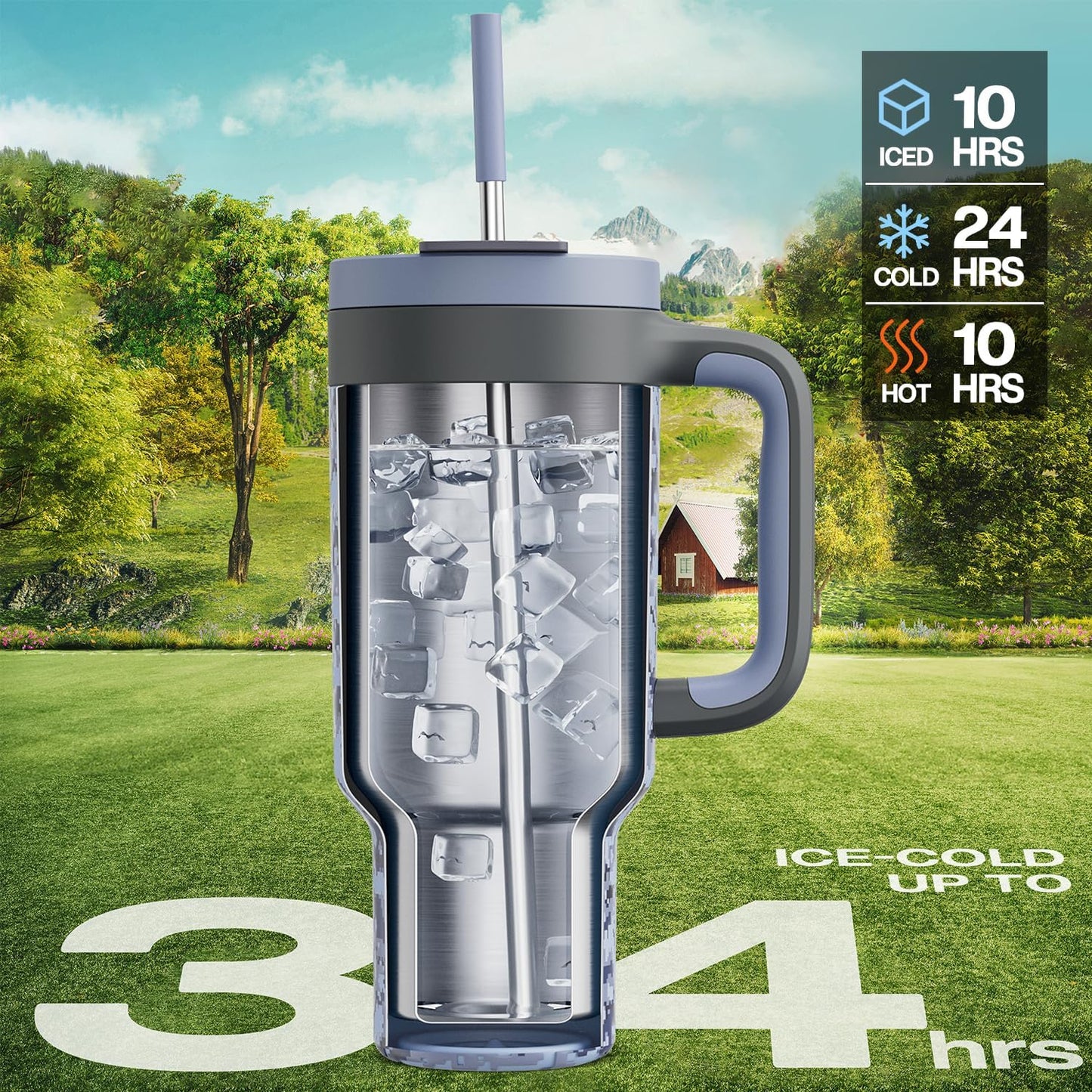 40 oz Tumbler with Handle, 2-in-1 Straw and Sip Lid, Leakproof, Dishwasher Safe, Insulated Stainless Steel Travel Coffee Mug, Keeps Cold for 34 Hours, Fits in Car Cup Holder (Deepsea)