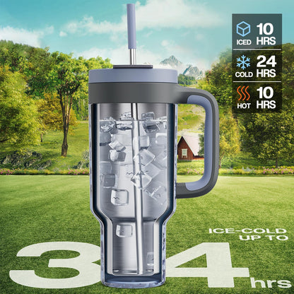 40 oz Tumbler with Handle, 2-in-1 Straw and Sip Lid, Leakproof, Dishwasher Safe, Insulated Stainless Steel Travel Coffee Mug, Keeps Cold for 34 Hours, Fits in Car Cup Holder (Deepsea)