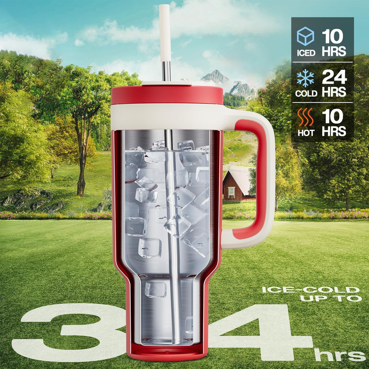 40 oz Tumbler with Handle, 2-in-1 Straw and Sip Lid, Leakproof, Dishwasher Safe, Insulated Stainless Steel Travel Coffee Mug, Keeps Cold for 34 Hours, Fits in Car Cup Holder (Deepsea)