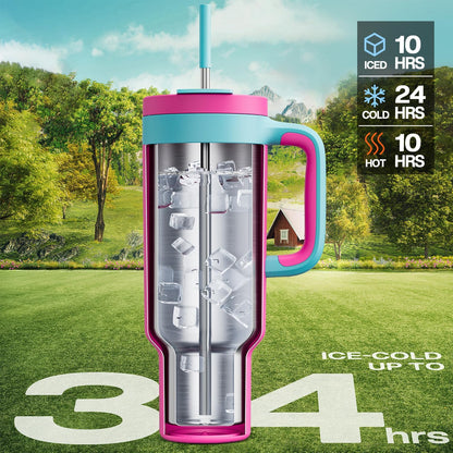 40 oz Tumbler with Handle, 2-in-1 Straw and Sip Lid, Leakproof, Dishwasher Safe, Insulated Stainless Steel Travel Coffee Mug, Keeps Cold for 34 Hours, Fits in Car Cup Holder (Deepsea)