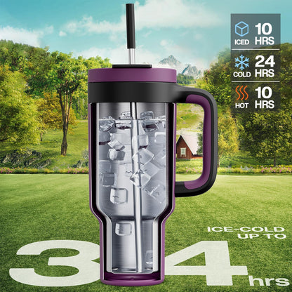 40 oz Tumbler with Handle, 2-in-1 Straw and Sip Lid, Leakproof, Dishwasher Safe, Insulated Stainless Steel Travel Coffee Mug, Keeps Cold for 34 Hours, Fits in Car Cup Holder (Deepsea)