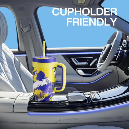 40 oz Tumbler with Handle, 2-in-1 Straw and Sip Lid, Leakproof, Dishwasher Safe, Insulated Stainless Steel Travel Coffee Mug, Keeps Cold for 34 Hours, Fits in Car Cup Holder (Deepsea)