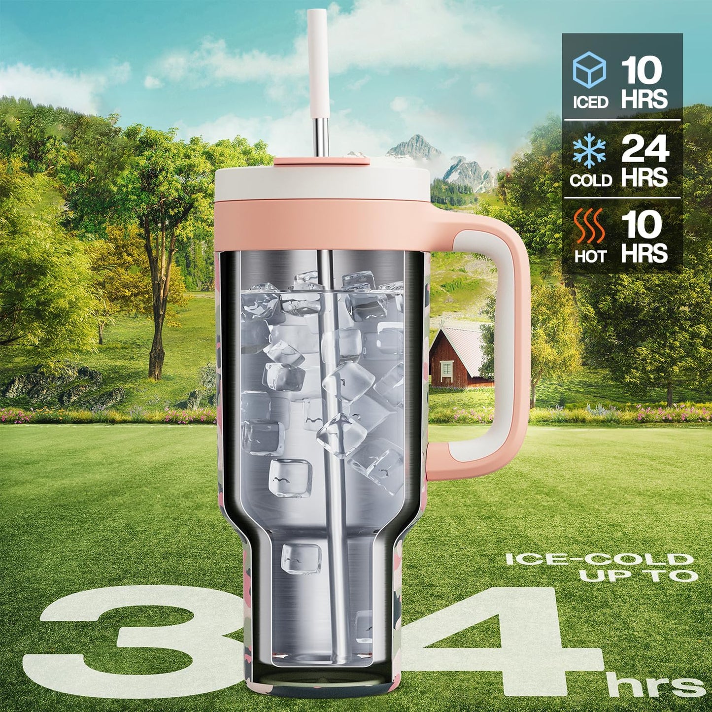 40 oz Tumbler with Handle, 2-in-1 Straw and Sip Lid, Leakproof, Dishwasher Safe, Insulated Stainless Steel Travel Coffee Mug, Keeps Cold for 34 Hours, Fits in Car Cup Holder (Deepsea)