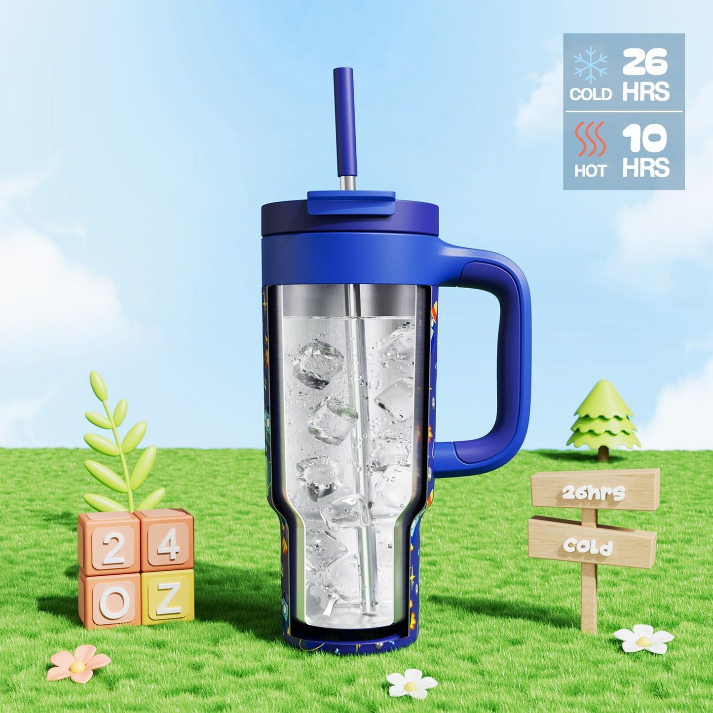 40 oz Tumbler with Handle, 2-in-1 Straw and Sip Lid, Leakproof, Dishwasher Safe, Insulated Stainless Steel Travel Coffee Mug, Keeps Cold for 34 Hours, Fits in Car Cup Holder (Deepsea)