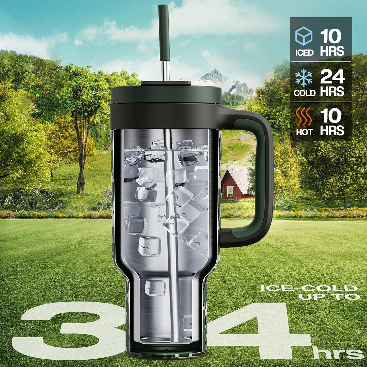 40 oz Tumbler with Handle, 2-in-1 Straw and Sip Lid, Leakproof, Dishwasher Safe, Insulated Stainless Steel Travel Coffee Mug, Keeps Cold for 34 Hours, Fits in Car Cup Holder (Deepsea)