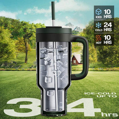 40 oz Tumbler with Handle, 2-in-1 Straw and Sip Lid, Leakproof, Dishwasher Safe, Insulated Stainless Steel Travel Coffee Mug, Keeps Cold for 34 Hours, Fits in Car Cup Holder (Deepsea)