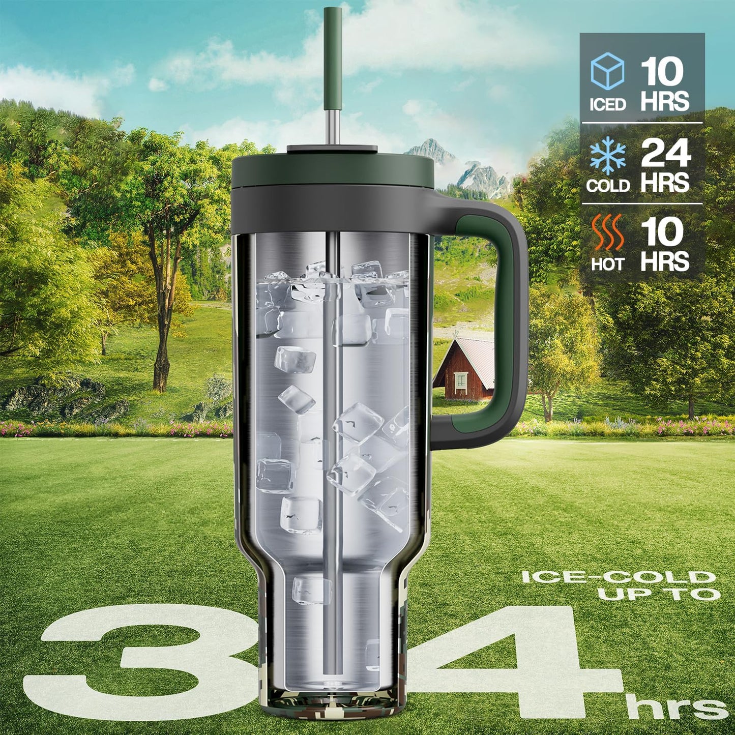 40 oz Tumbler with Handle, 2-in-1 Straw and Sip Lid, Leakproof, Dishwasher Safe, Insulated Stainless Steel Travel Coffee Mug, Keeps Cold for 34 Hours, Fits in Car Cup Holder (Deepsea)