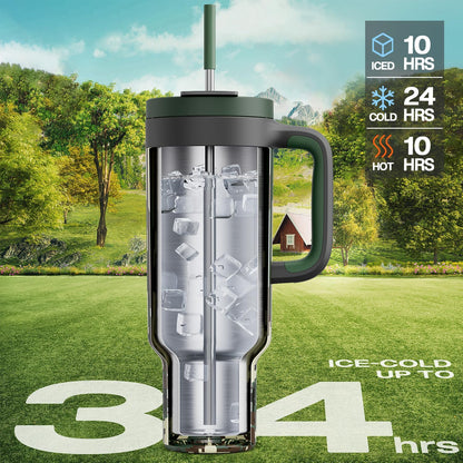 40 oz Tumbler with Handle, 2-in-1 Straw and Sip Lid, Leakproof, Dishwasher Safe, Insulated Stainless Steel Travel Coffee Mug, Keeps Cold for 34 Hours, Fits in Car Cup Holder (Deepsea)