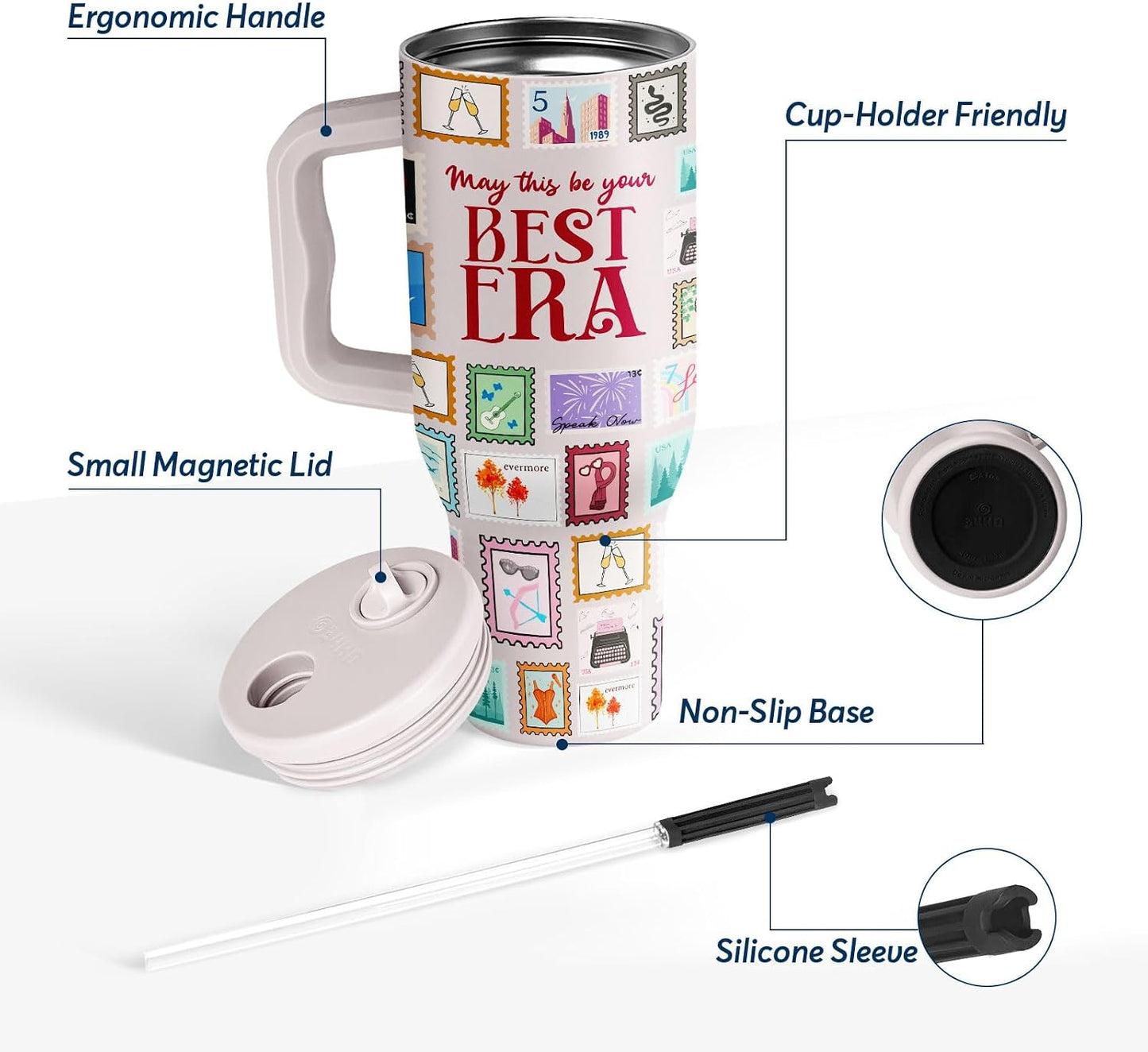 White 40oz Insulated Tumbler with Handle and Reusable Hidden Straw | Triple-wall Vacuum Insulated Stainless Steel for 48-Hour Iced, Leakproof Lid, Fits Most Car Cup Holders