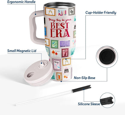 White 40oz Insulated Tumbler with Handle and Reusable Hidden Straw | Triple-wall Vacuum Insulated Stainless Steel for 48-Hour Iced, Leakproof Lid, Fits Most Car Cup Holders