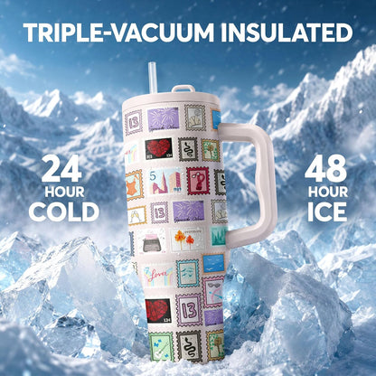 White 40oz Insulated Tumbler with Handle and Reusable Hidden Straw | Triple-wall Vacuum Insulated Stainless Steel for 48-Hour Iced, Leakproof Lid, Fits Most Car Cup Holders