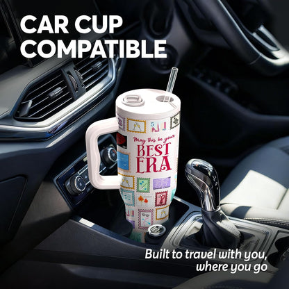 White 40oz Insulated Tumbler with Handle and Reusable Hidden Straw | Triple-wall Vacuum Insulated Stainless Steel for 48-Hour Iced, Leakproof Lid, Fits Most Car Cup Holders