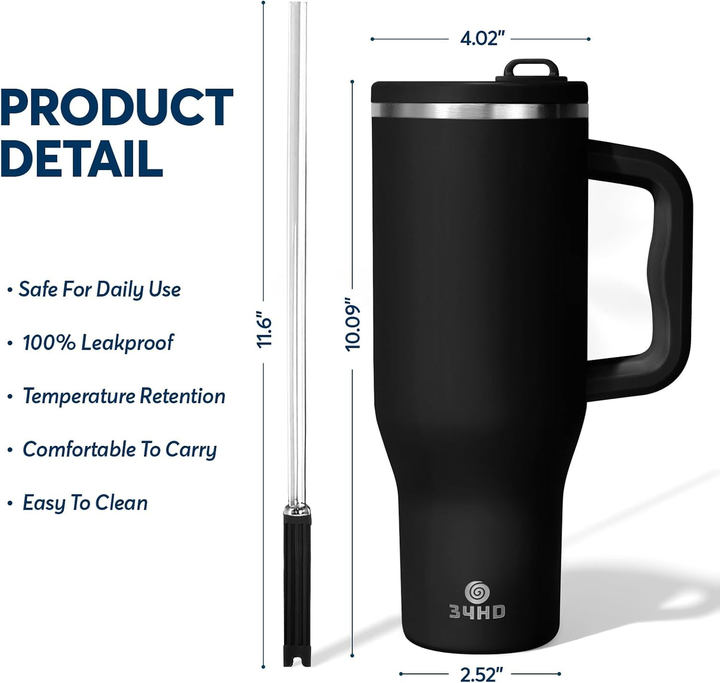 White 40oz Insulated Tumbler with Handle and Reusable Hidden Straw | Triple-wall Vacuum Insulated Stainless Steel for 48-Hour Iced, Leakproof Lid, Fits Most Car Cup Holders