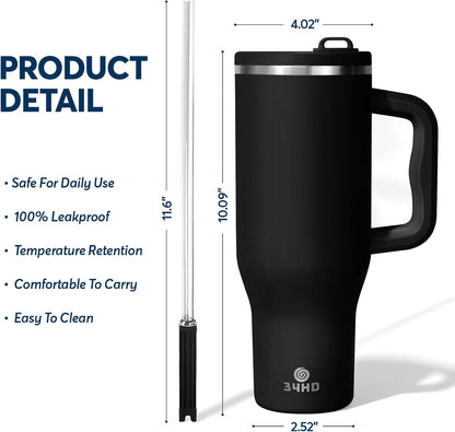 White 40oz Insulated Tumbler with Handle and Reusable Hidden Straw | Triple-wall Vacuum Insulated Stainless Steel for 48-Hour Iced, Leakproof Lid, Fits Most Car Cup Holders
