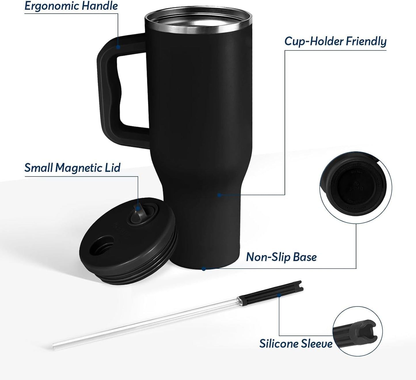 White 40oz Insulated Tumbler with Handle and Reusable Hidden Straw | Triple-wall Vacuum Insulated Stainless Steel for 48-Hour Iced, Leakproof Lid, Fits Most Car Cup Holders