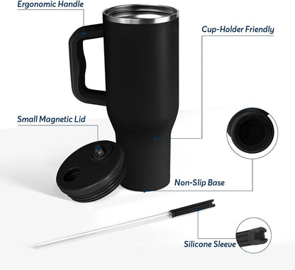 White 40oz Insulated Tumbler with Handle and Reusable Hidden Straw | Triple-wall Vacuum Insulated Stainless Steel for 48-Hour Iced, Leakproof Lid, Fits Most Car Cup Holders