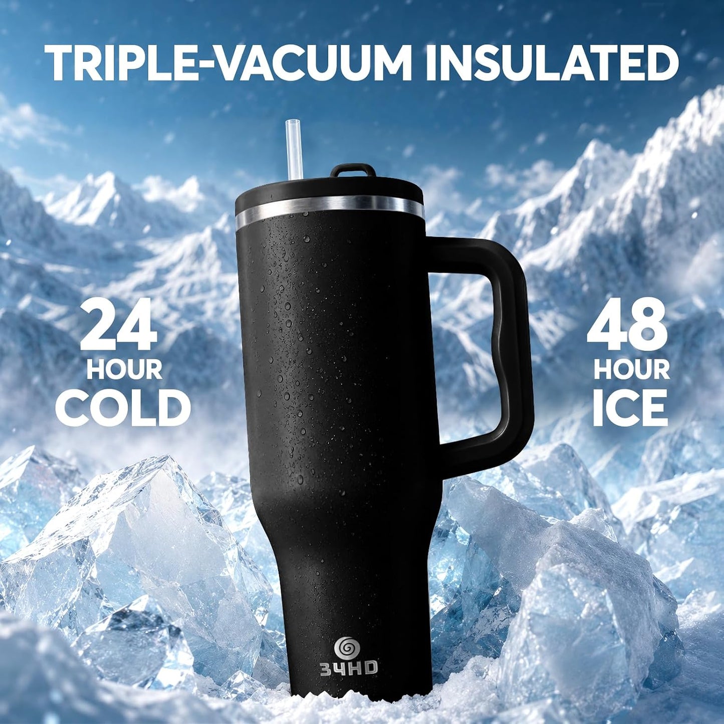 White 40oz Insulated Tumbler with Handle and Reusable Hidden Straw | Triple-wall Vacuum Insulated Stainless Steel for 48-Hour Iced, Leakproof Lid, Fits Most Car Cup Holders