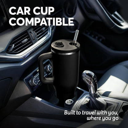 White 40oz Insulated Tumbler with Handle and Reusable Hidden Straw | Triple-wall Vacuum Insulated Stainless Steel for 48-Hour Iced, Leakproof Lid, Fits Most Car Cup Holders