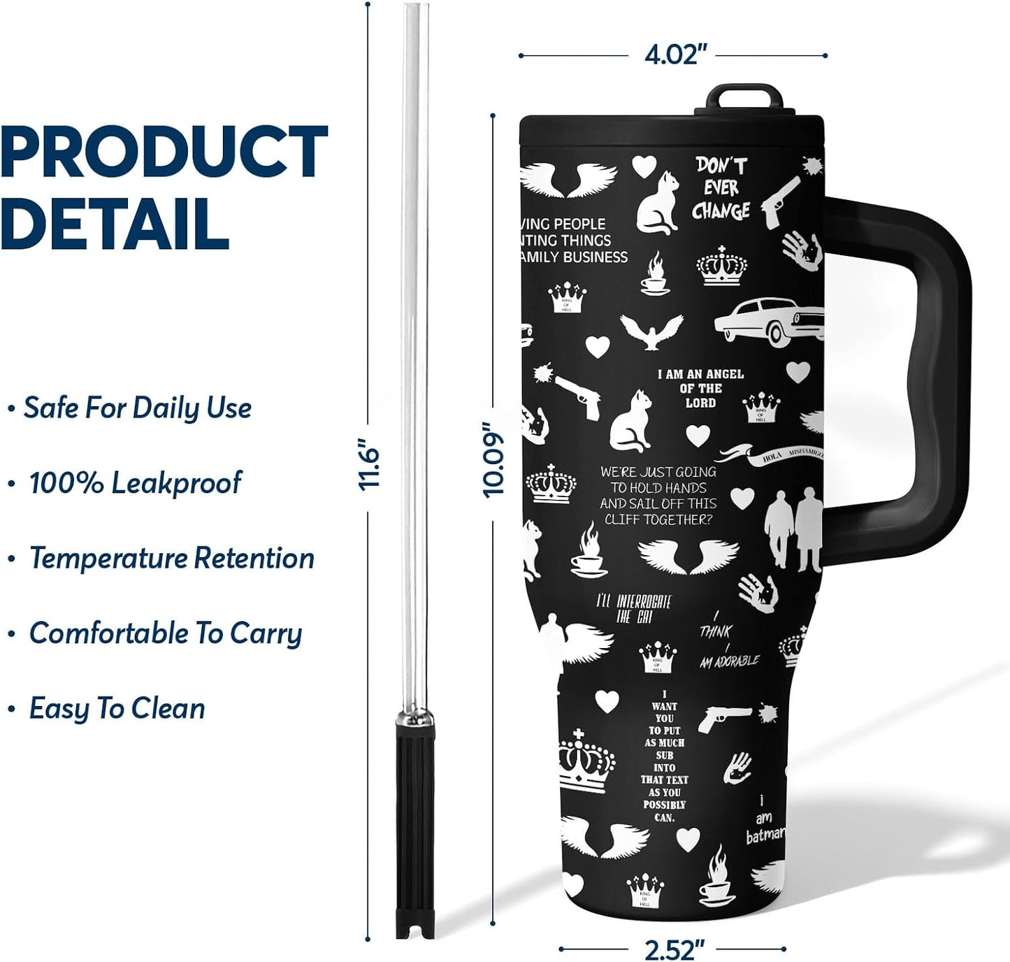 White 40oz Insulated Tumbler with Handle and Reusable Hidden Straw | Triple-wall Vacuum Insulated Stainless Steel for 48-Hour Iced, Leakproof Lid, Fits Most Car Cup Holders