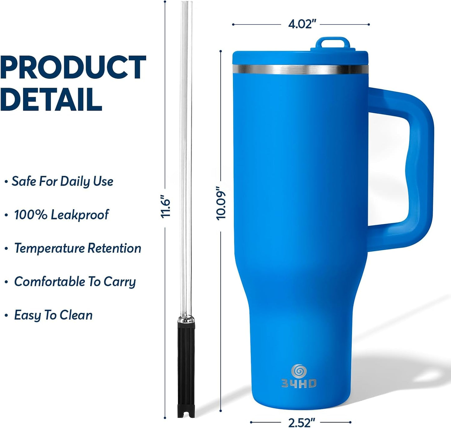 White 40oz Insulated Tumbler with Handle and Reusable Hidden Straw | Triple-wall Vacuum Insulated Stainless Steel for 48-Hour Iced, Leakproof Lid, Fits Most Car Cup Holders