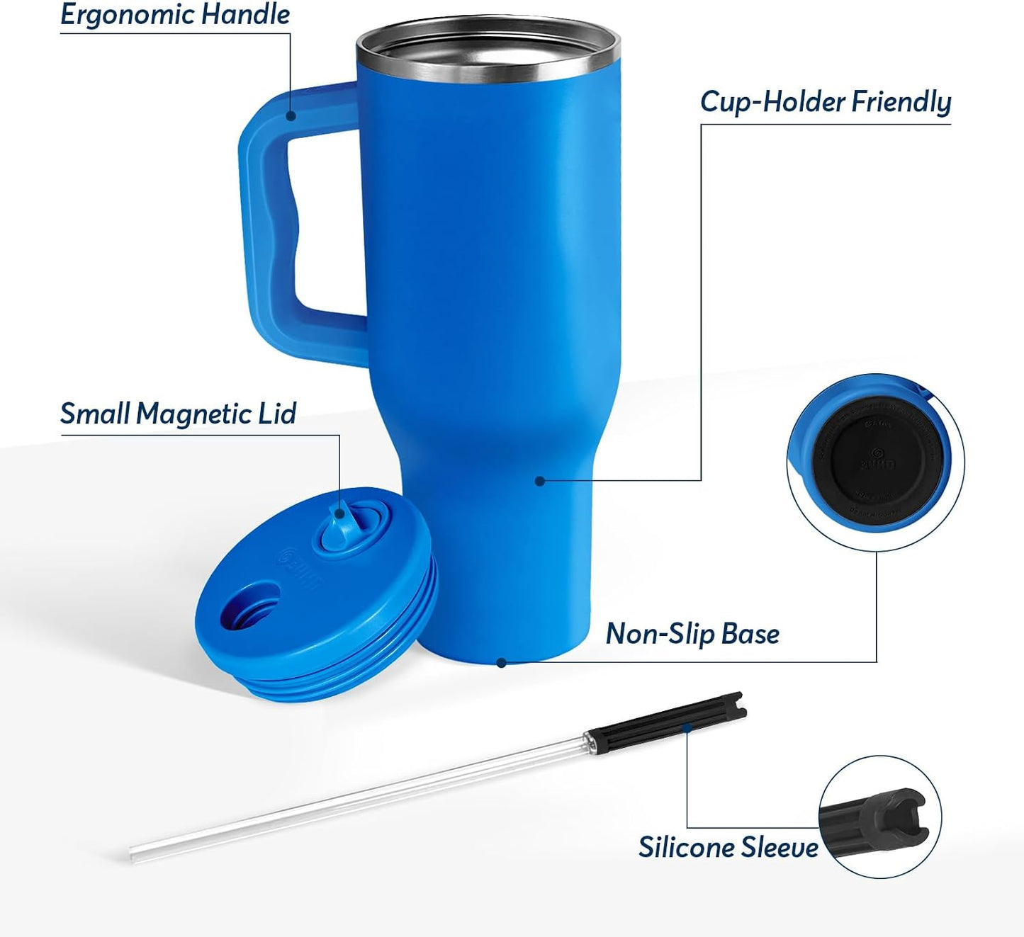 White 40oz Insulated Tumbler with Handle and Reusable Hidden Straw | Triple-wall Vacuum Insulated Stainless Steel for 48-Hour Iced, Leakproof Lid, Fits Most Car Cup Holders