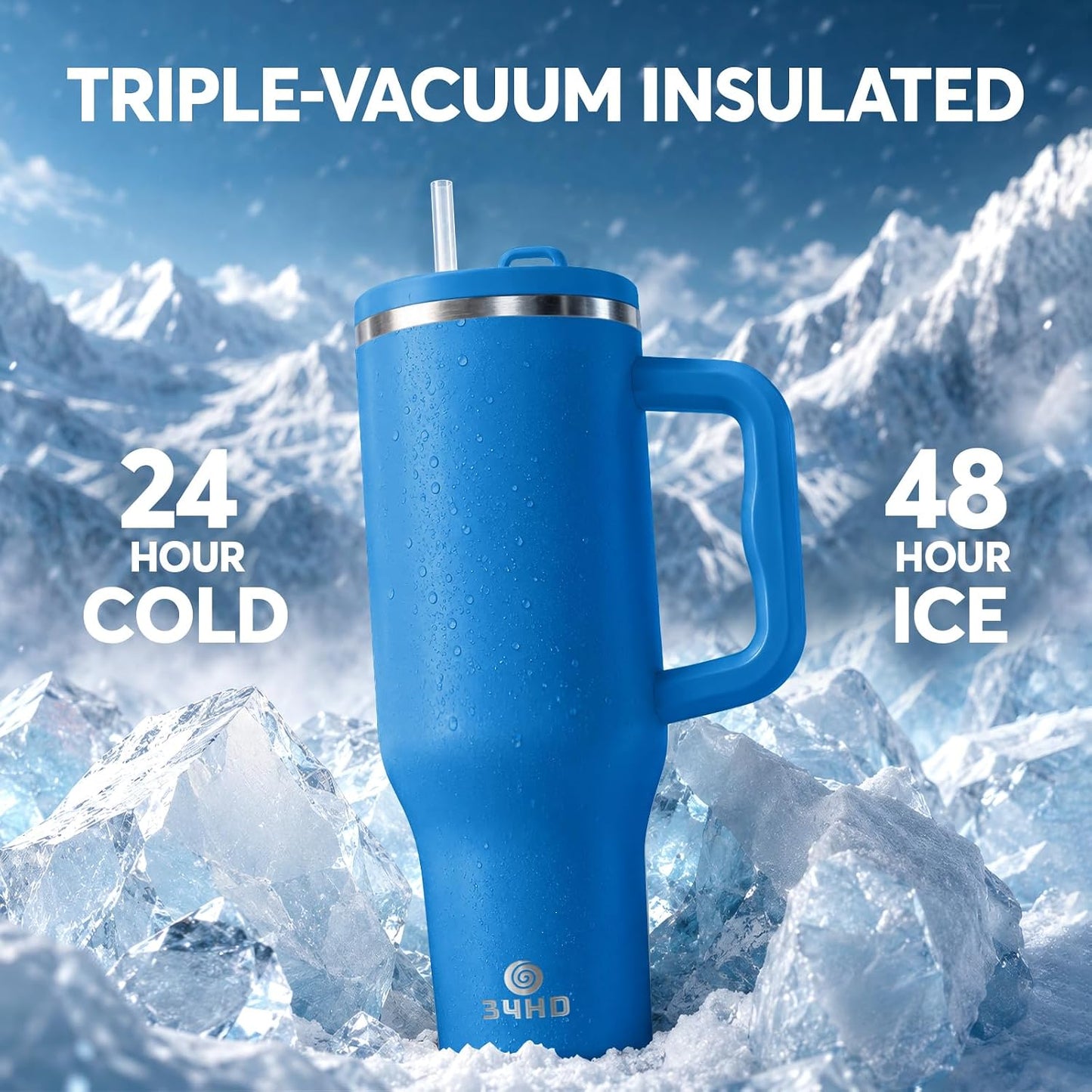 White 40oz Insulated Tumbler with Handle and Reusable Hidden Straw | Triple-wall Vacuum Insulated Stainless Steel for 48-Hour Iced, Leakproof Lid, Fits Most Car Cup Holders