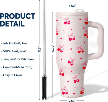 White 40oz Insulated Tumbler with Handle and Reusable Hidden Straw | Triple-wall Vacuum Insulated Stainless Steel for 48-Hour Iced, Leakproof Lid, Fits Most Car Cup Holders