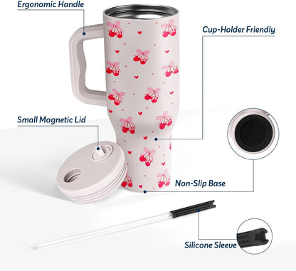 White 40oz Insulated Tumbler with Handle and Reusable Hidden Straw | Triple-wall Vacuum Insulated Stainless Steel for 48-Hour Iced, Leakproof Lid, Fits Most Car Cup Holders