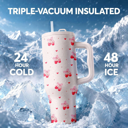 White 40oz Insulated Tumbler with Handle and Reusable Hidden Straw | Triple-wall Vacuum Insulated Stainless Steel for 48-Hour Iced, Leakproof Lid, Fits Most Car Cup Holders
