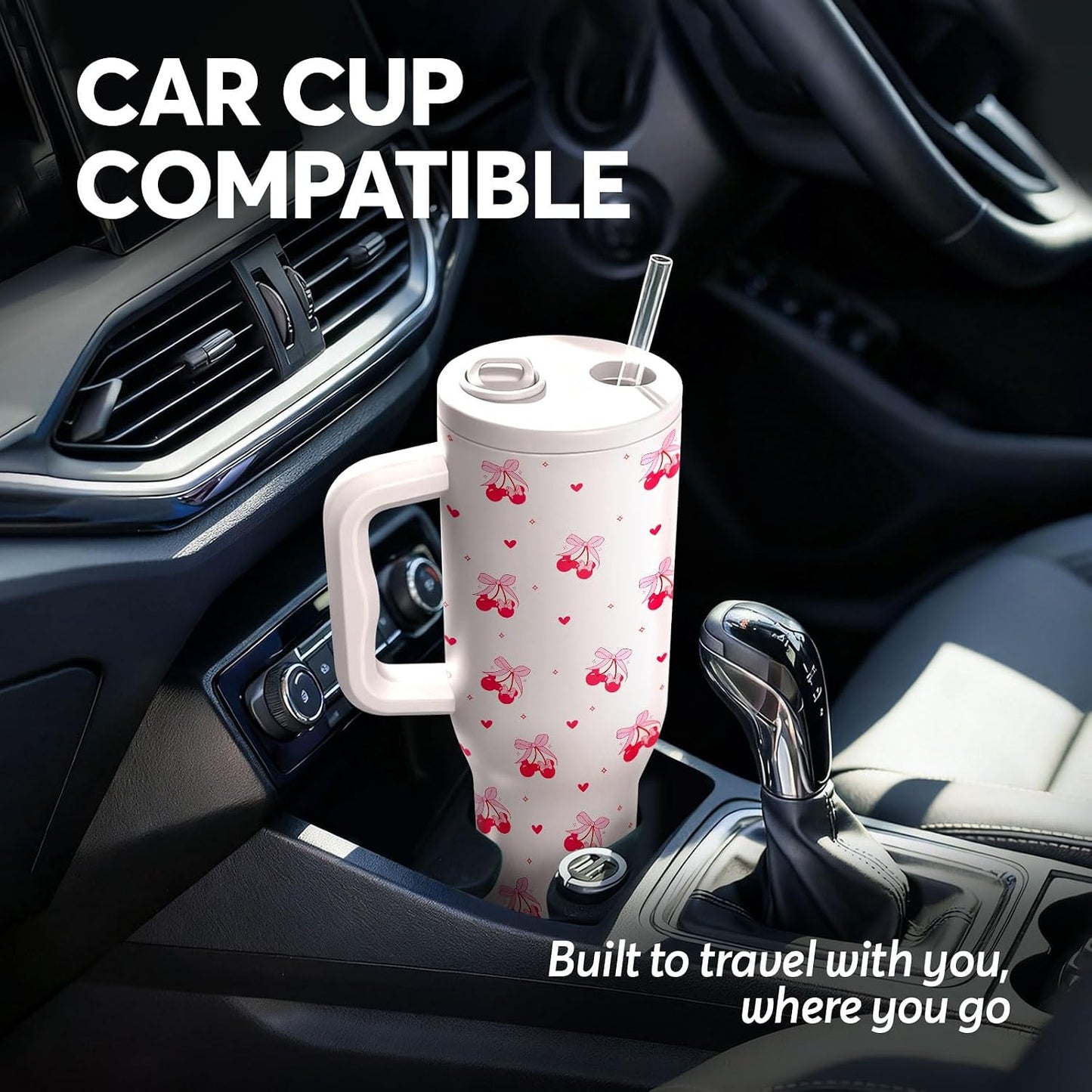 White 40oz Insulated Tumbler with Handle and Reusable Hidden Straw | Triple-wall Vacuum Insulated Stainless Steel for 48-Hour Iced, Leakproof Lid, Fits Most Car Cup Holders