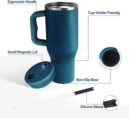 White 40oz Insulated Tumbler with Handle and Reusable Hidden Straw | Triple-wall Vacuum Insulated Stainless Steel for 48-Hour Iced, Leakproof Lid, Fits Most Car Cup Holders