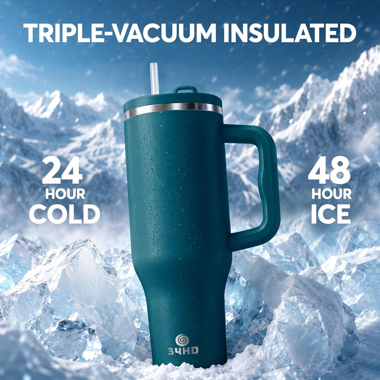 White 40oz Insulated Tumbler with Handle and Reusable Hidden Straw | Triple-wall Vacuum Insulated Stainless Steel for 48-Hour Iced, Leakproof Lid, Fits Most Car Cup Holders