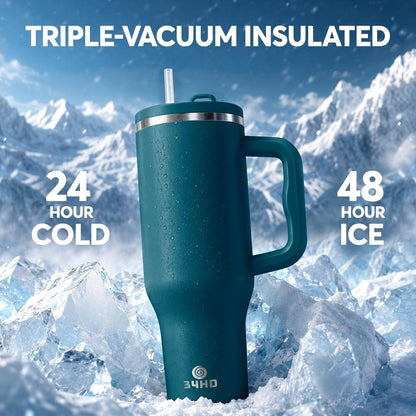 White 40oz Insulated Tumbler with Handle and Reusable Hidden Straw | Triple-wall Vacuum Insulated Stainless Steel for 48-Hour Iced, Leakproof Lid, Fits Most Car Cup Holders