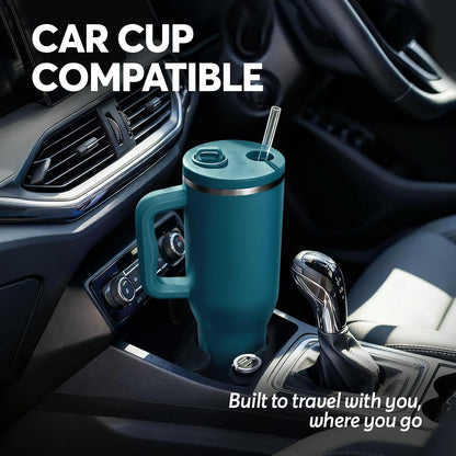 White 40oz Insulated Tumbler with Handle and Reusable Hidden Straw | Triple-wall Vacuum Insulated Stainless Steel for 48-Hour Iced, Leakproof Lid, Fits Most Car Cup Holders