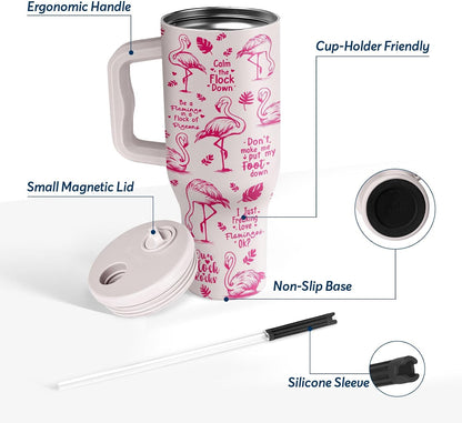 White 40oz Insulated Tumbler with Handle and Reusable Hidden Straw | Triple-wall Vacuum Insulated Stainless Steel for 48-Hour Iced, Leakproof Lid, Fits Most Car Cup Holders