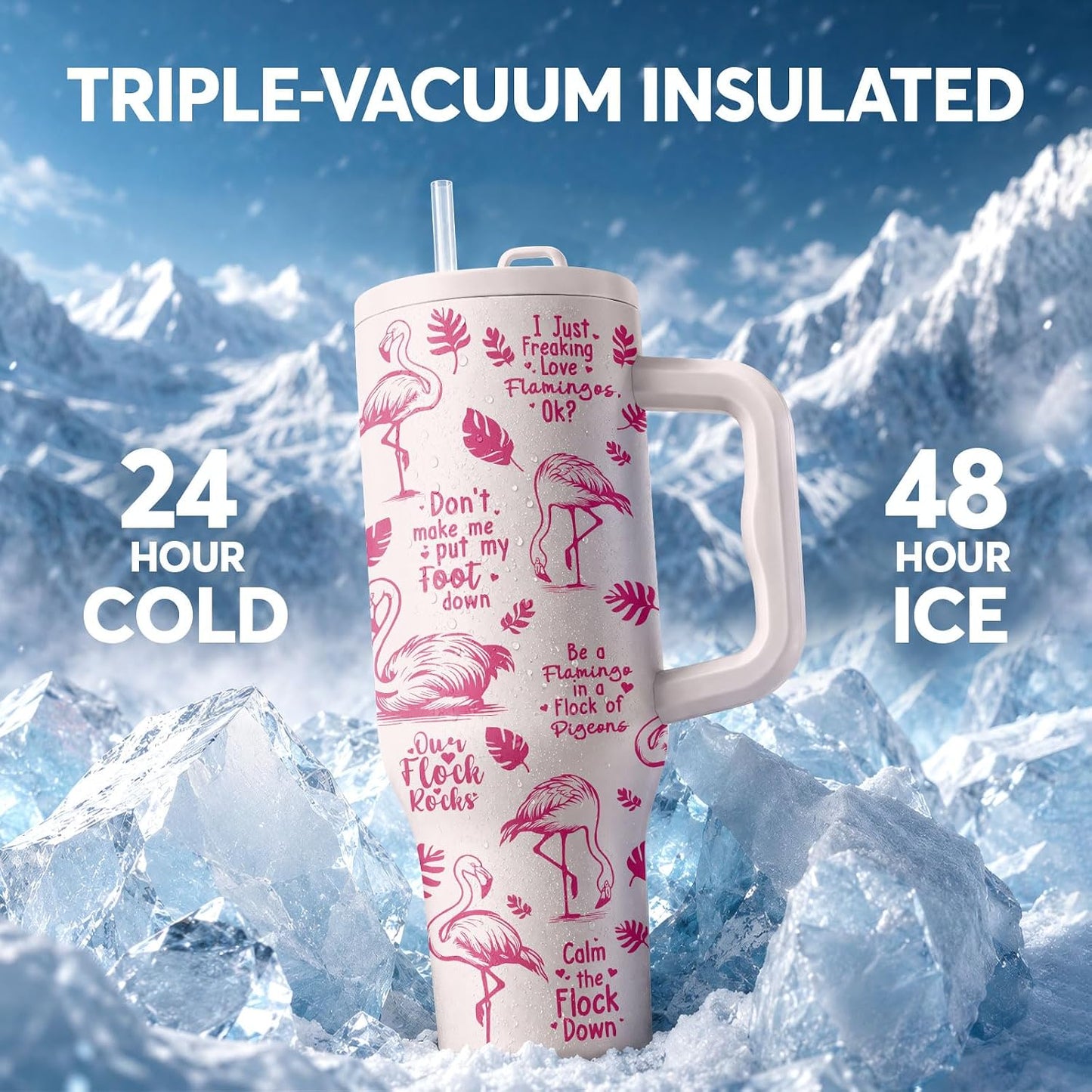 White 40oz Insulated Tumbler with Handle and Reusable Hidden Straw | Triple-wall Vacuum Insulated Stainless Steel for 48-Hour Iced, Leakproof Lid, Fits Most Car Cup Holders