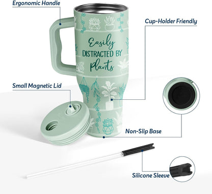 White 40oz Insulated Tumbler with Handle and Reusable Hidden Straw | Triple-wall Vacuum Insulated Stainless Steel for 48-Hour Iced, Leakproof Lid, Fits Most Car Cup Holders