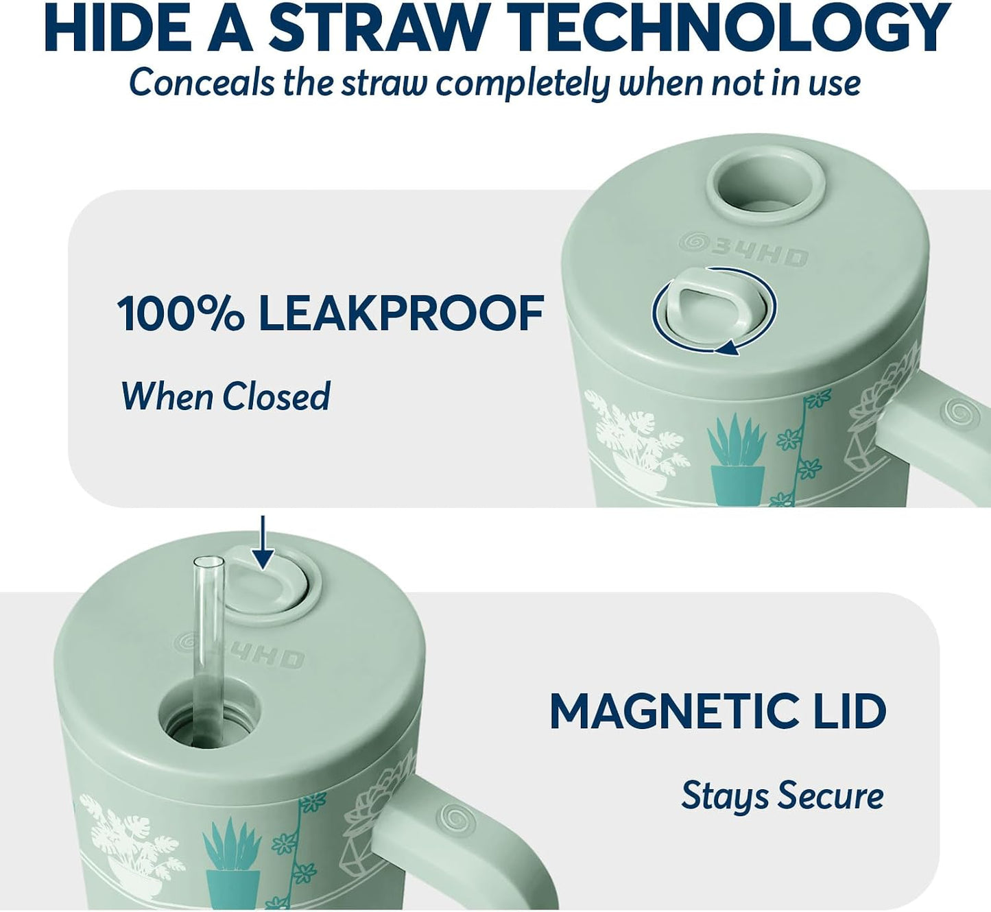 White 40oz Insulated Tumbler with Handle and Reusable Hidden Straw | Triple-wall Vacuum Insulated Stainless Steel for 48-Hour Iced, Leakproof Lid, Fits Most Car Cup Holders