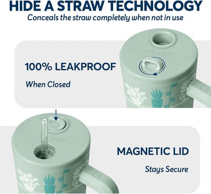 White 40oz Insulated Tumbler with Handle and Reusable Hidden Straw | Triple-wall Vacuum Insulated Stainless Steel for 48-Hour Iced, Leakproof Lid, Fits Most Car Cup Holders
